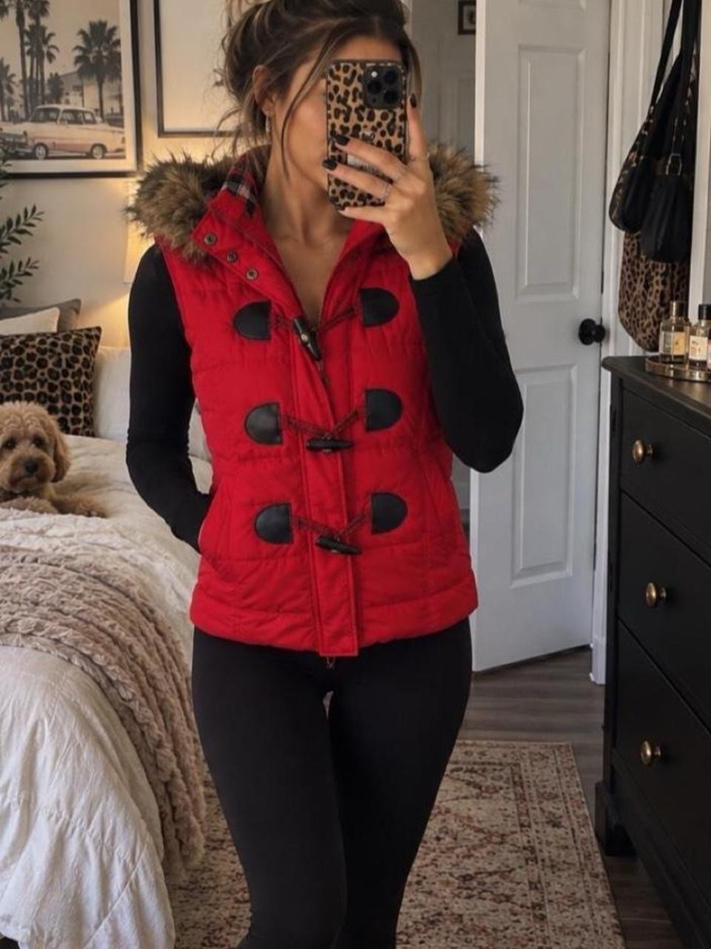 Papaya Red Quilted Faux-Fur Hood Toggle Vest